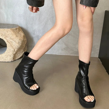 Xajzpa Brand Women's Shoes Zipper Sandals Boots Clogs Platform Fashion Wedge Ladies Mid-Calf Lolita High Heel Rome Square Toe Peep